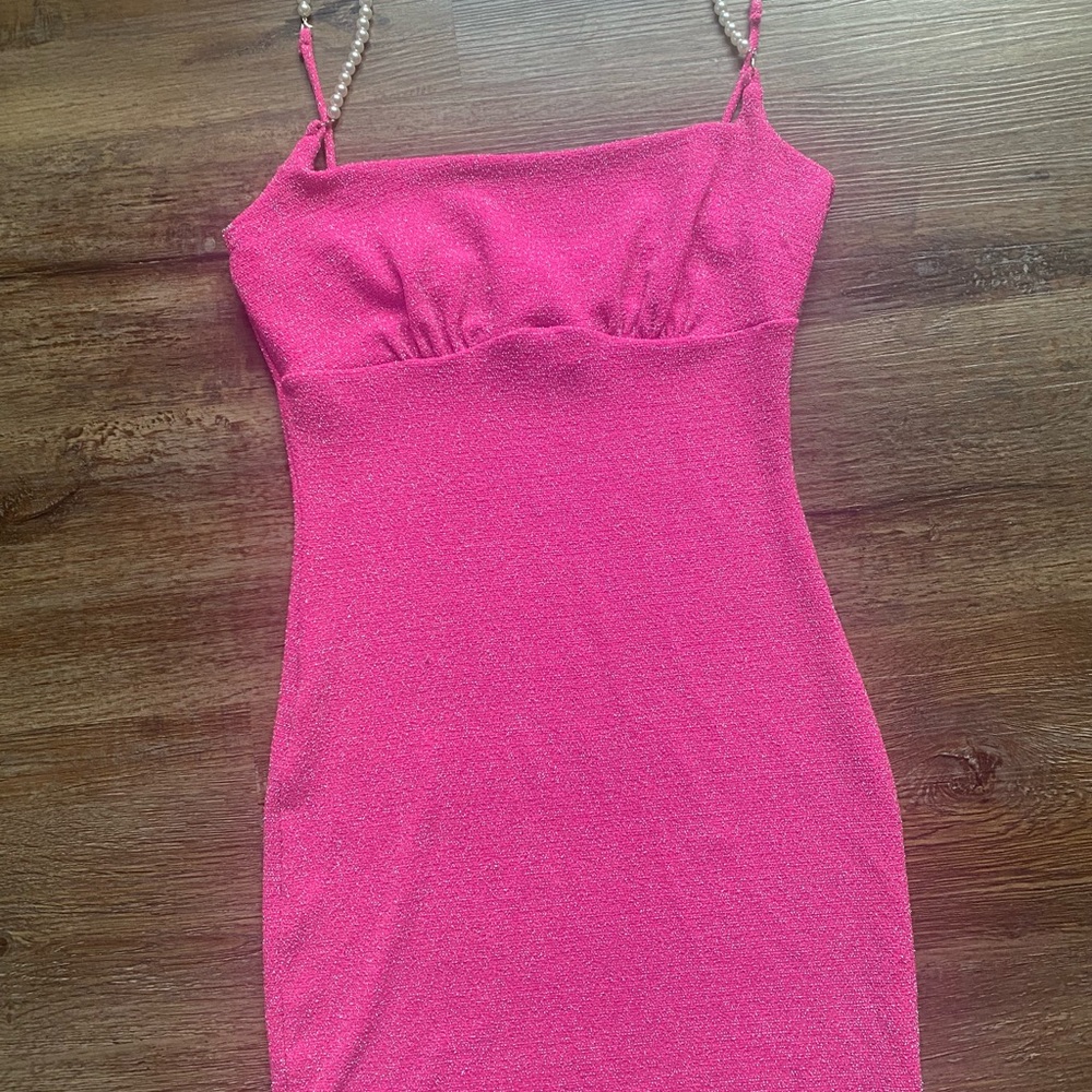 Jacaranda Hot Pink Glitter Pearl Strap Mini Dress Barbiecore Party Dress